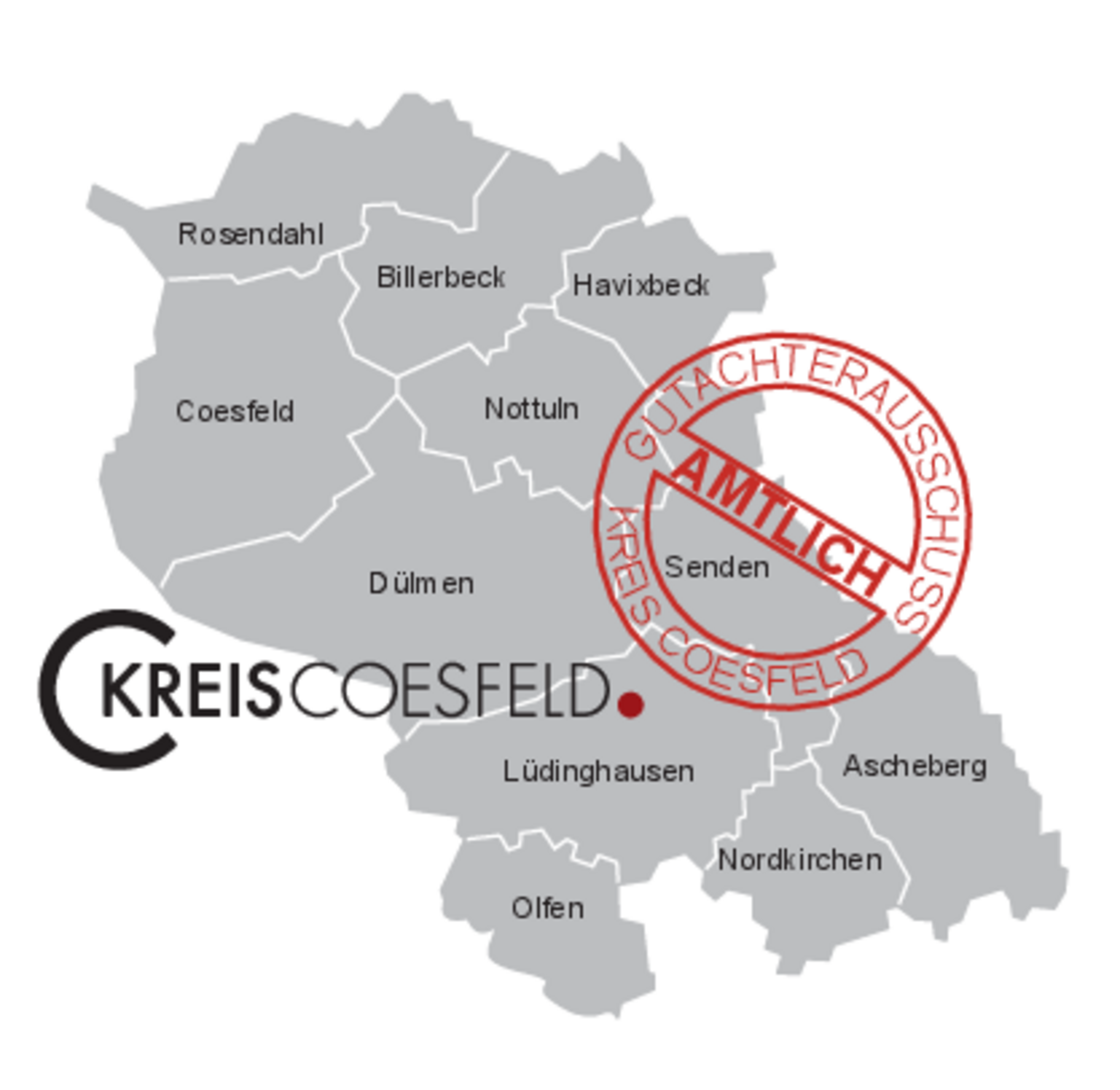 Übersicht einer Kreiskarte mit Logo des Kreises Coesfeld